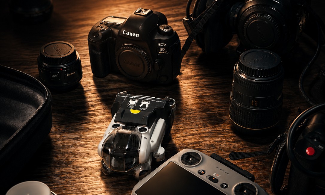 A Canon 5D camera, DJI drone and lenses on a dark wooden table